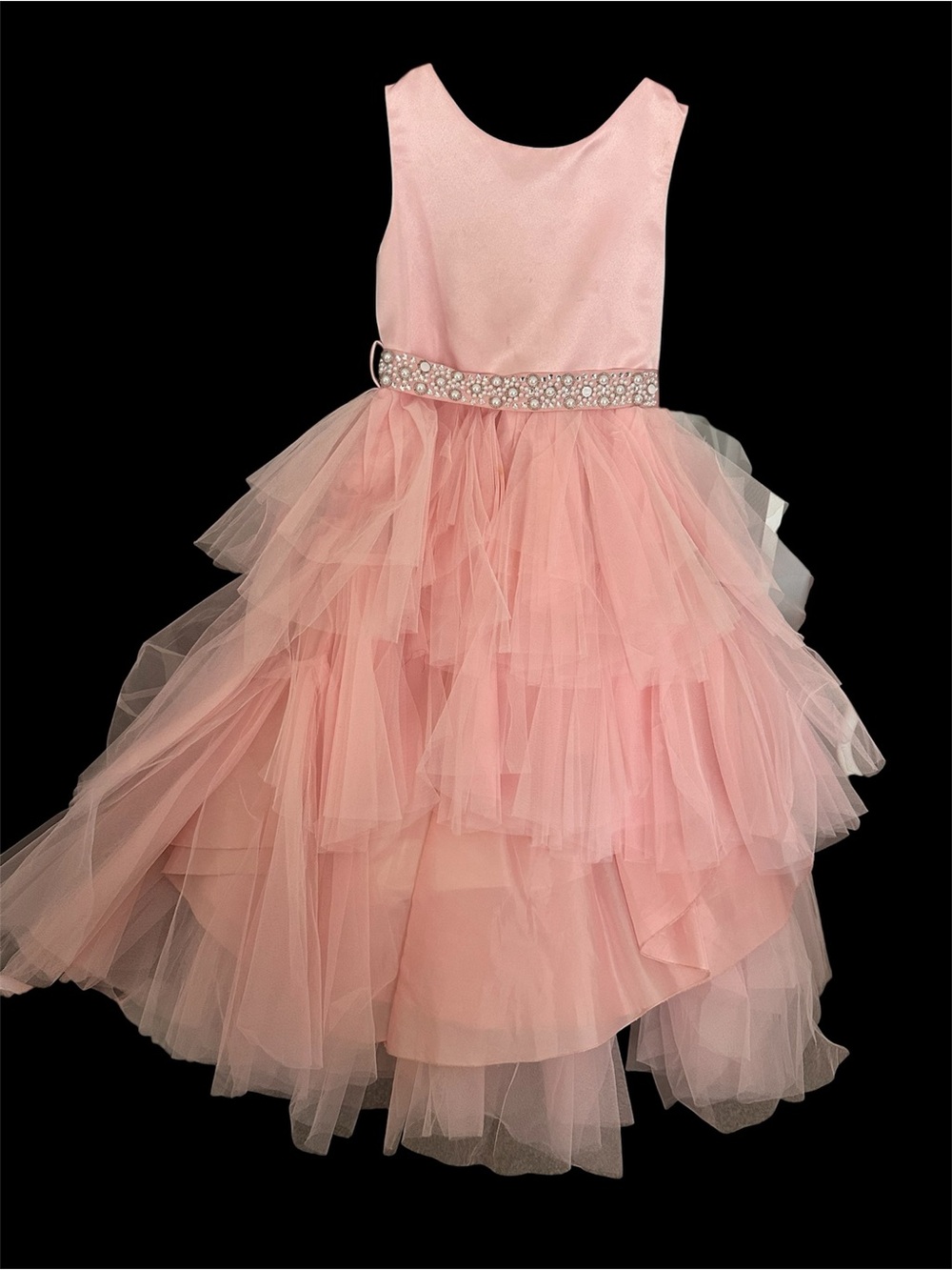Girls' Pink Tiered Tulle Formal Dress with Jeweled Waist